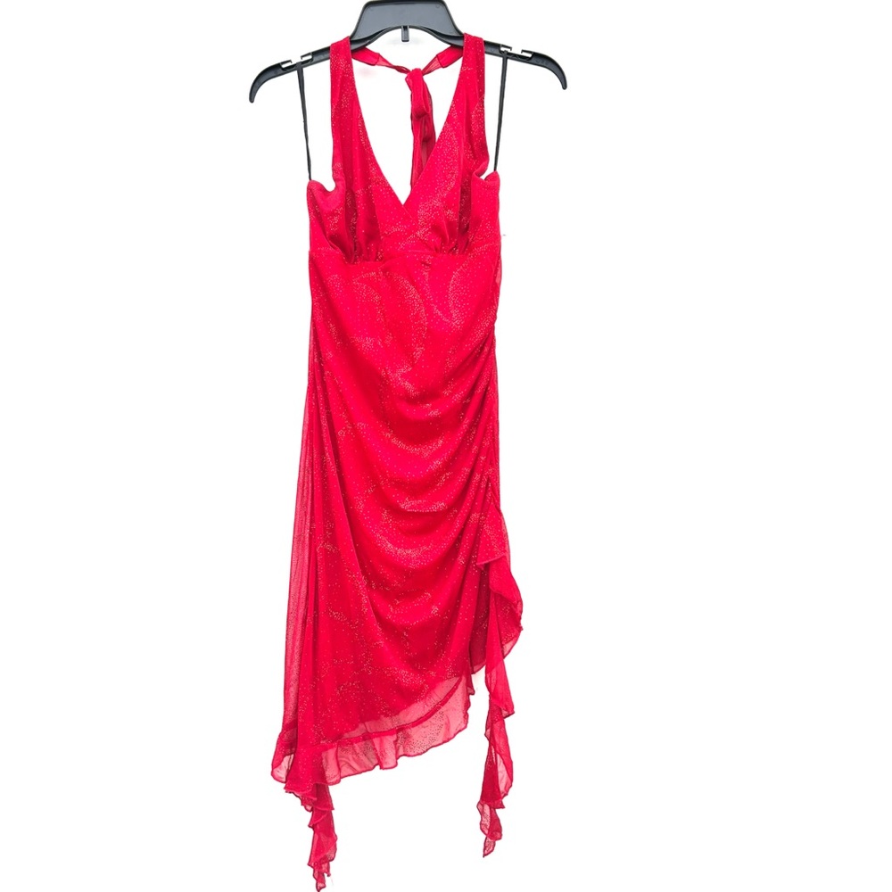 Vintage Y2K Stunning Red Asymmetrical Ruched Cocktail Dress with sparkles